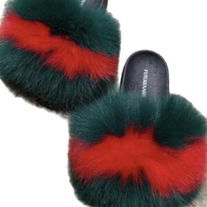 Genuine Fur Slide Sandals with Red and Green Stripes